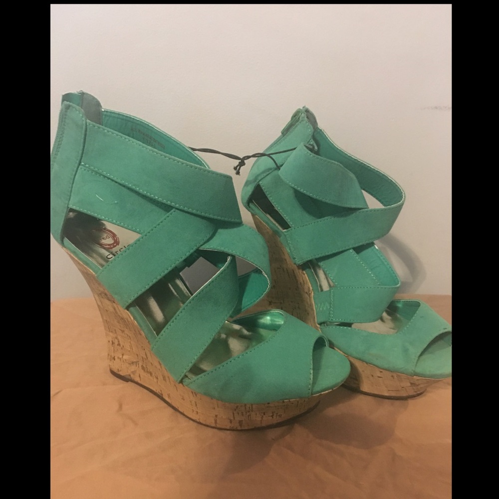 Green Strappy Peep-toe wedge heels w/zipper